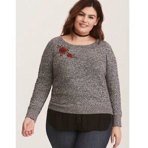 Torrid Long Sleeve Chiffon Trim Gray Sweater with Red Floral Embroidery Women 1